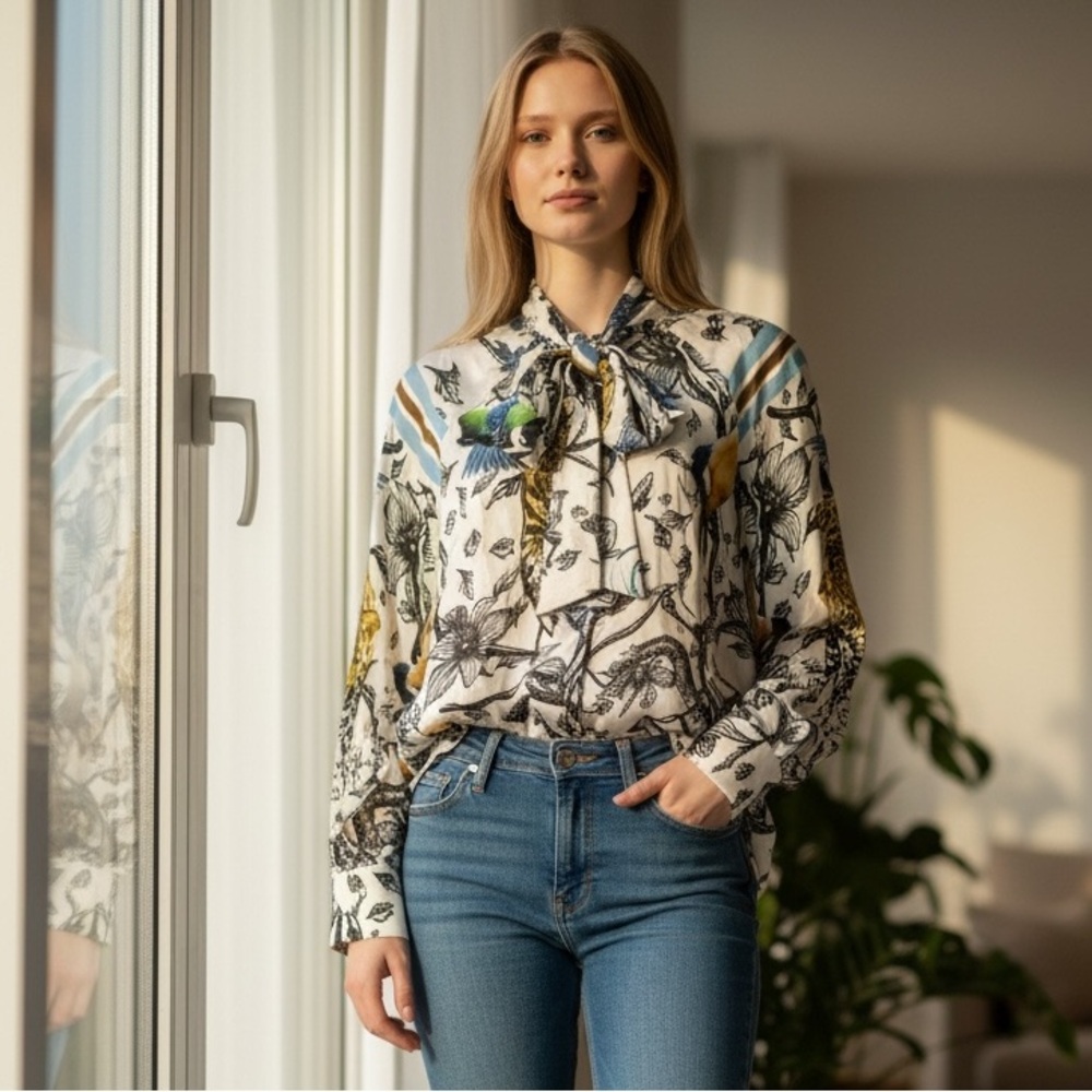 Chic Silk Women's Blouse with Nature-Inspired Print